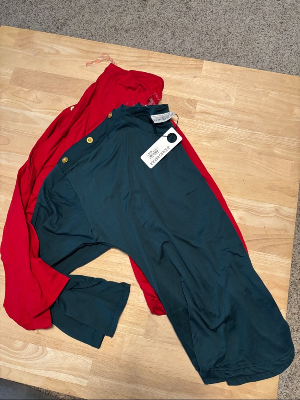 Inner Circle Red and one Green Button-Shoulder Top with Red Layered Accent